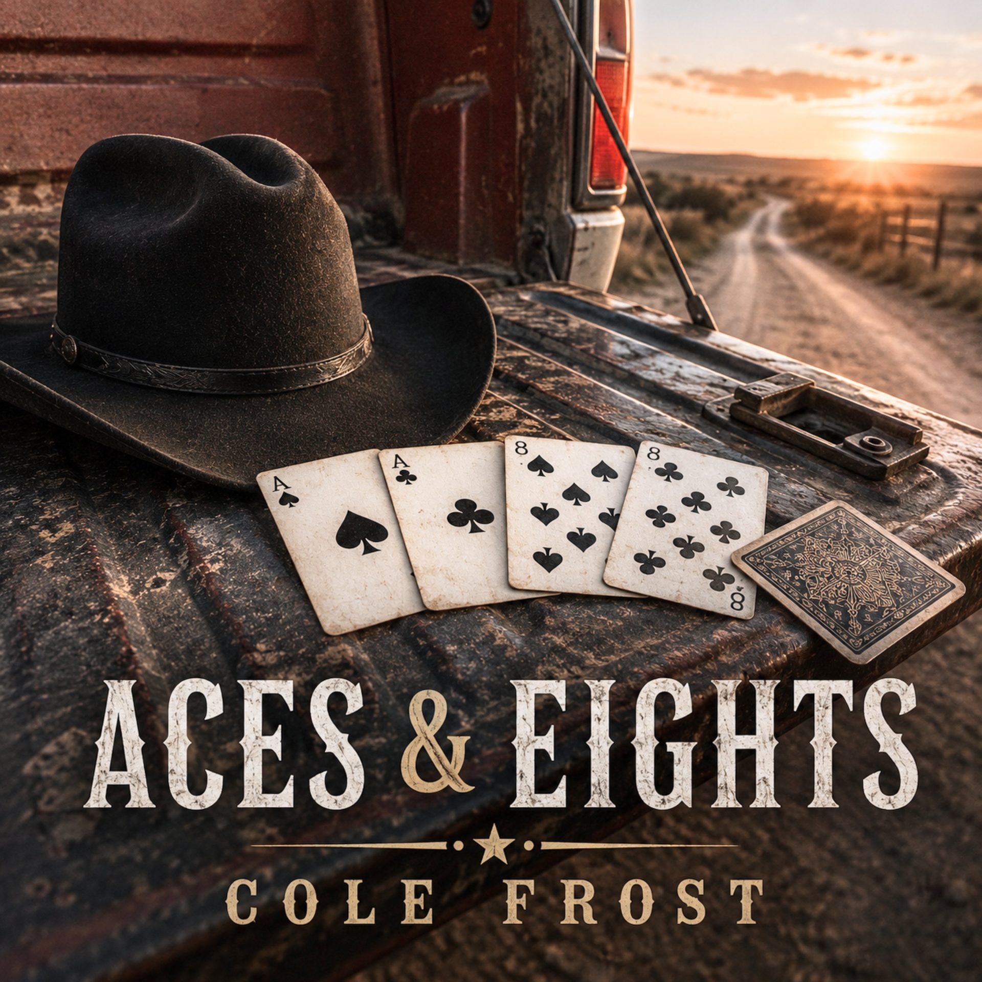 Aces and Eights single artwork showing a cowboy hat and playing cards on a truck at sunset