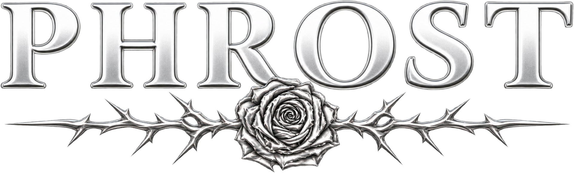 Silver Phrost wordmark with a rose and thorns