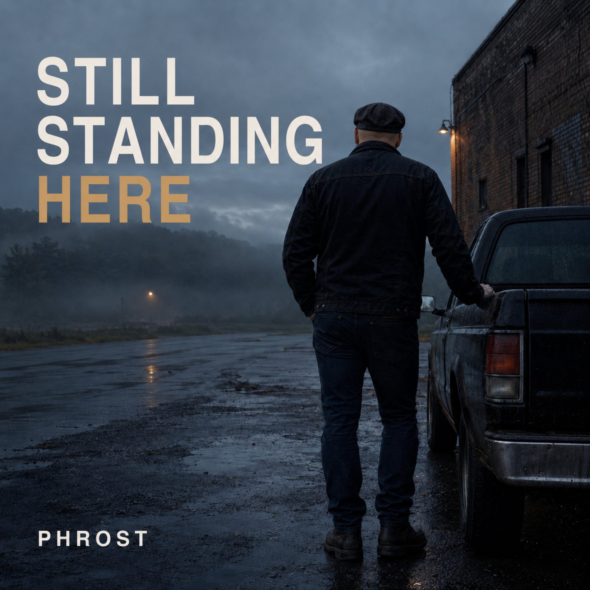 Still Standing Here single artwork showing a man beside a truck on a rain-darkened road