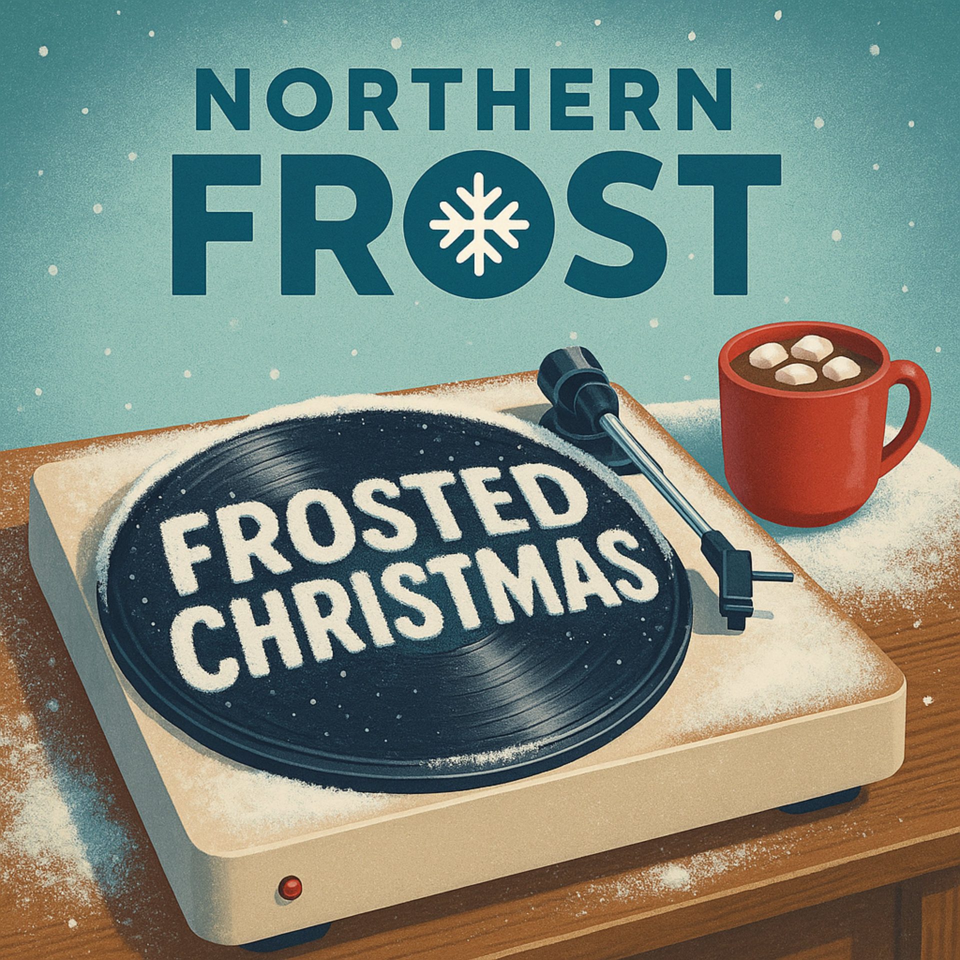 Frosted Christmas album artwork showing a record player and mug in falling snow